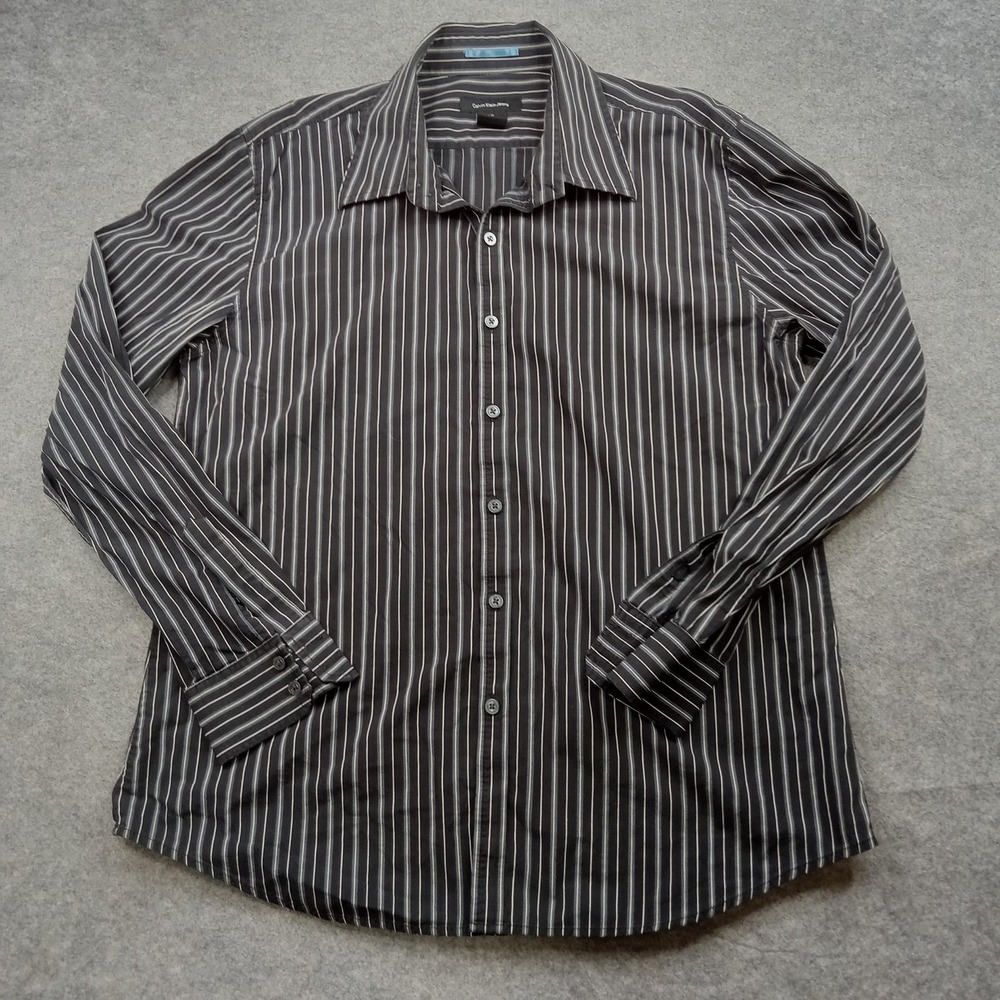 Calvin Klein‎ Jeans Shirt Mens Large Black Gray Striped Button Front Cotton CK